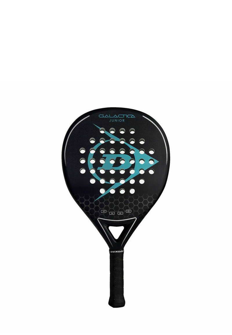Schwarz Padel-Schläger mit strukturierter Oberfläche, runden Löchern, einem hellblauen Logo und einem strukturierten Griff am Schaft.
