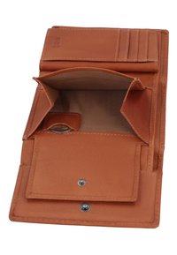 Portefeuille en cuir marron ouvert montrant une poche à monnaie vide avec bouton-pression et des emplacements pour cartes sur fond blanc.