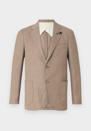 Light brown jacket with textured fabric, notched lapels, double-button front, and two front patch pockets. Features a contrasting white collar.
