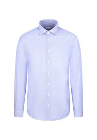 Chemise homme bleu clair à manches longues, col classique et boutons blancs sur le devant.