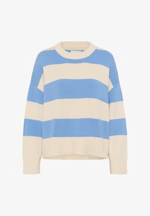 Pruhovaný sveter s horizontálnymi svetlomodrými a krémovými pásmi, pletenou textúrou, okrúhlym výstrihom a rebrovanými manžetami pre uvoľnený strih.