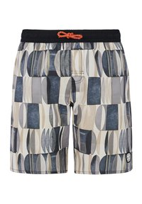 Pantaloni da nuoto realizzati in tessuto leggero con motivo geometrico in tonalità di blu, grigio e beige. Vita elastica con cordino arancione.