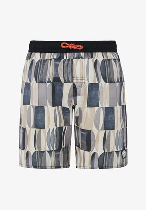 Uimashortsit, jotka on valmistettu kevyestä kankaasta, ja niissä on geometrinen kuvio sinisen, harmaan ja beigekirjavan sävyissä. Elastinen vyötärö, jossa on oranssi nyöri.