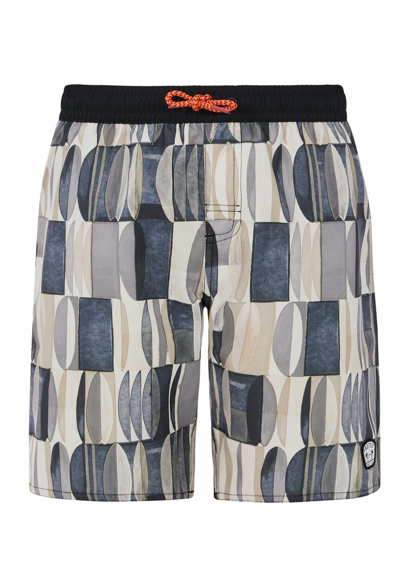 Pantaloni da nuoto realizzati in tessuto leggero con motivo geometrico in tonalità di blu, grigio e beige. Vita elastica con cordino arancione.