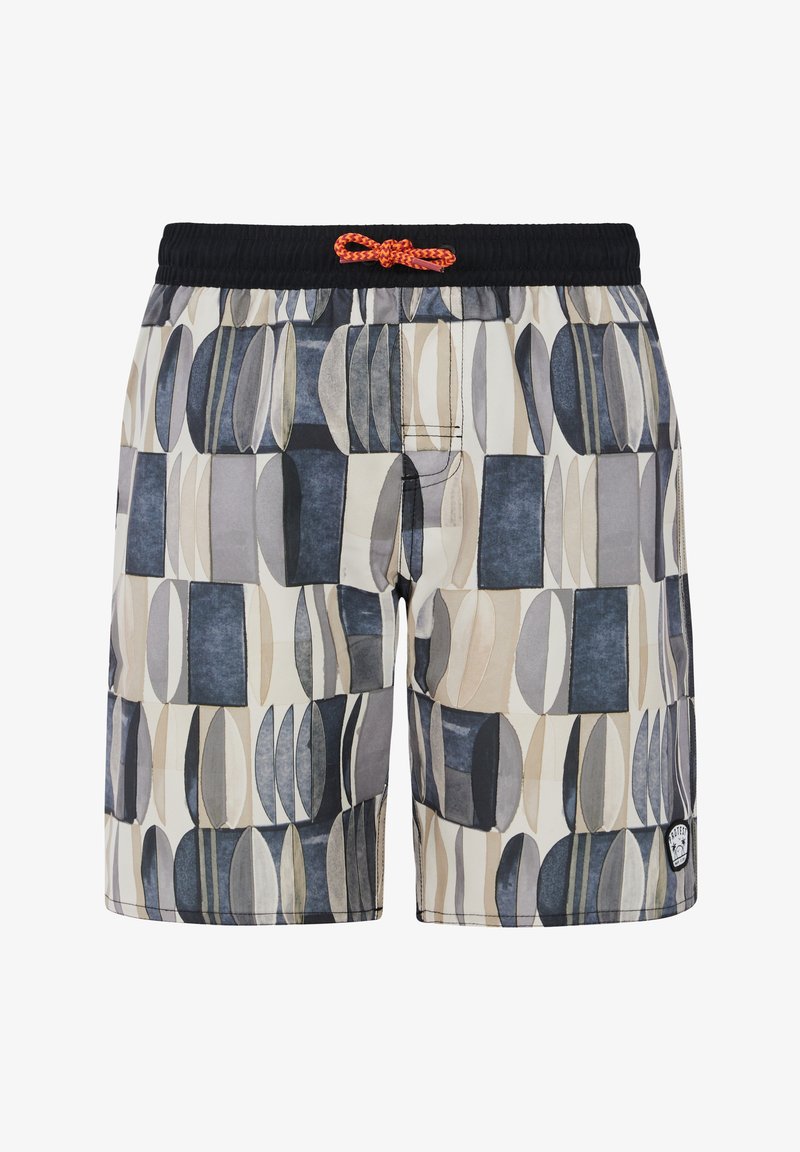 Maudytės, pagamintos iš lengvos medžiagos, su geometriniu raštu mėlynos, pilkos ir smėlio spalvų atspalviuose. Elastinga juosmens juosta su oranžiniu raišteliu.