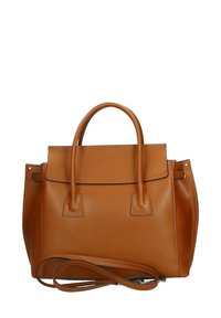 Borsa a mano in pelle beige con design strutturato, due manici superiori, una tracolla staccabile e una finitura liscia al tatto.