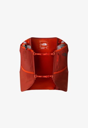 Orangenes Laufweste mit Mesh-Gewebe, zwei seitlichen Taschen für Flaschen, verstellbaren Clips und einem leichten Design für Atmungsaktivität.
