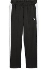 Sorte og hvide atletiske bukser har en elastisk talje, to lynlåslommer og et logo på låret. Glat stof med et tapered design.