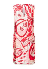 Robe sans manches avec fermeture à bouton au dos. Présente un motif paisley vibrant rouge et rose sur un fond clair, fabriquée en tissu doux.
