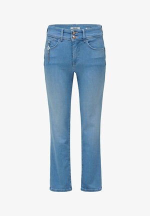 Light blue straight-leg jeans with double button closure, front pockets, belt loops, and a decorative keychain on the right pocket.