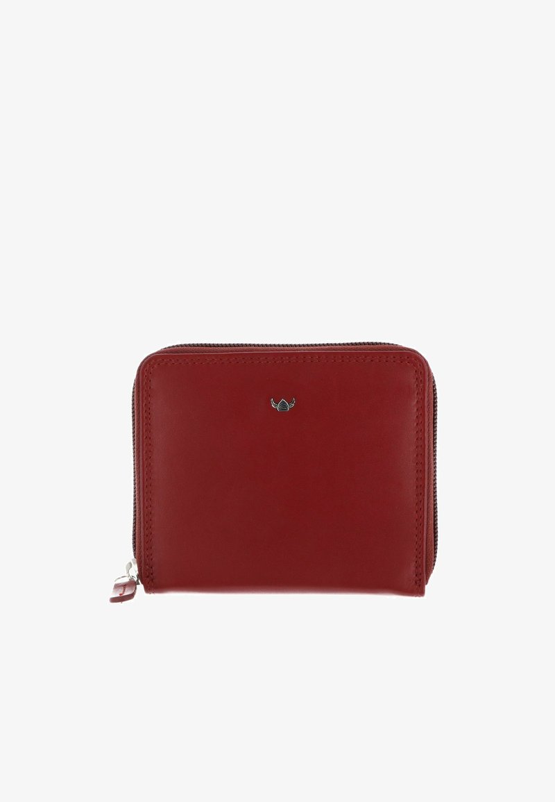 Portefeuille compact en cuir rouge avec fermeture éclair et petit logo argenté centré sur le devant.