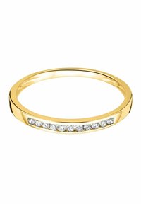 Anello in oro con una fascia sottile decorata con una fila di piccole cristalli rotondi, disposti sulla parte anteriore, creando un effetto di scintillio sottile.
