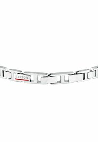 Bracciale in acciaio inox con link rettangolari intrecciati. Presenta un piccolo accento rosso e un logo impresso su un link.