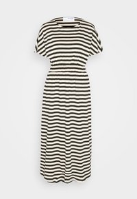 Mustassa ja valkoisessa raidallisessa midi-mekossa on lyhyet hihat ja elastinen vyötärö rentoa istuvuutta varten. Pehmeä materiaali, jossa on sileä rakenne.