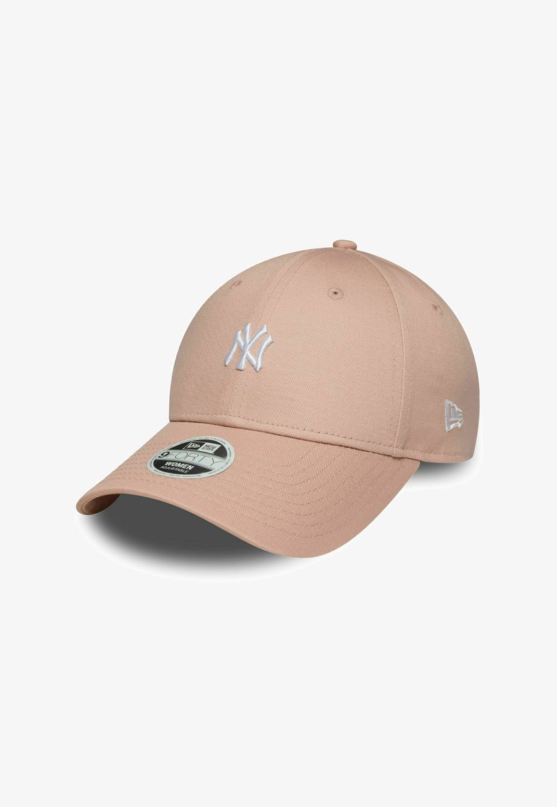 Pink fabric baseball cap with a curved brim, featuring a white embroidered NY logo on the front and a size label on the underside of the brim.