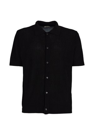 Czarny krótki kardigan z dzianiny z prążkowaną fakturą, z zapięciem na guziki z przodu i kołnierzem polo, prezentowany na białym tle.
