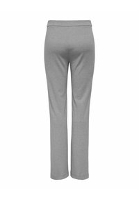 Pantalons décontractés gris clair à coupe droite avec taille élastique, présentés de dos sur un fond blanc.