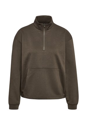 Brązowy pulower z długim rękawem, z półzamkiem, wysokim kołnierzem i przednią kieszenią kangur, wykonany z miękkiej tkaniny.