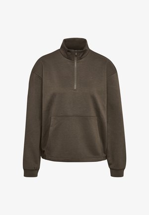 Brązowy pulower z długim rękawem, z półzamkiem, wysokim kołnierzem i przednią kieszenią kangur, wykonany z miękkiej tkaniny.