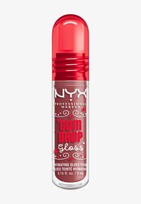 Gloss NYX Gum Drop dans un tube transparent avec un bouchon rouge. L'étiquette présente un texte blanc et des accents décoratifs. Contient 5 mL de produit.