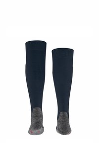 Knielange sokken in donker marineblauw met geribbeld patroon. Grijze hak- en teenaccenten, zachte stof. Naadloze constructie voor comfort.