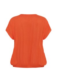 Oranžový, volný top s krátkými rukávy, kulatým výstřihem a nařaseným lemem. Hladká textura s lehkou a prodyšnou látkou.