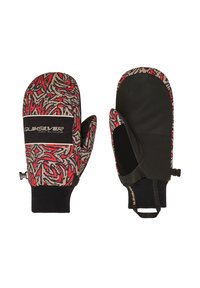 Quiksilver-Handschuhe mit einem schwarzen und roten abstrakten Muster oben, schwarzer Handfläche, gestricktem Bündchen und verstellbarem Handgelenkriemen.