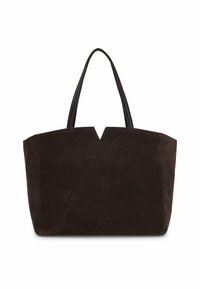 Tummanruskea mokkanahkainen olkalaukku, jossa on kaksi nahkahihnaa ja kulmikas paneelisuunnittelu edessä.