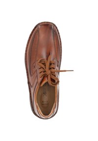 Brązowy skórzany but z okrągłym czubkiem, sznurowanym przodem i kontrastowym przeszyciem. Perforowana wkładka dla lepszej oddychalności i komfortu. Szeroki krój.