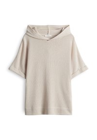 Felpa corta beige con maniche a sbuffo realizzata in tessuto testurizzato. Presenta un ampio scollo e una vestibilità rilassata con maniche arrotolate. Design semplice, senza motivi.