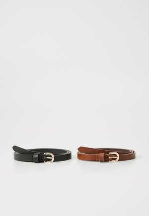 Two rolled leather belts side by side, one black and one brown, both with gold rectangular buckles on a white background.