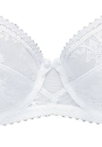 Baltas nėriniuotas liemenukas su gėlių raštu, banguotais kraštais ir satino kaspinu centre, bei tinkliniais akcentais tarp puodelių.