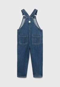 Denim kombinezoni v temno modri barvi, z nastavljivimi naramnicami, dvema sprednjima žepoma in zaobljenim ovratnikom. Narejeni so iz trdnega materiala z gladko površino.