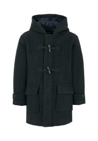 Cappotto di lana grigio scuro con cappuccio, chiusure a toggle, due tasche frontali e polsini con bottone. Tessuto morbido con un design su misura.