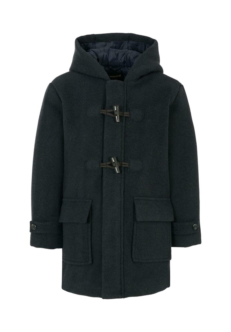 Cappotto di lana grigio scuro con cappuccio, chiusure a toggle, due tasche frontali e polsini con bottone. Tessuto morbido con un design su misura.