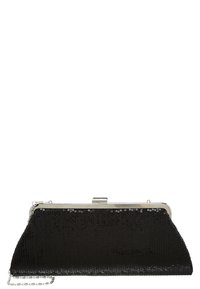 Pochette en sequins noirs avec cadre en métal argenté et chaîne, de forme rectangulaire avec fermoir.