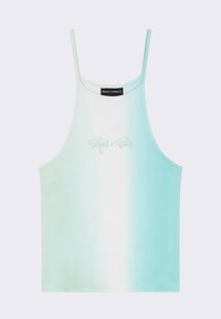 Top corto a coste di colore blu chiaro con spalline sottili, caratterizzato da un design gradient che va dal bianco al verde menta e dettagli con logo ricamato.
