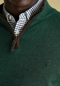 Zaļš zip-up džemperis ar brūnu ribotu apkakli, pāri zils un balts pārbaudīta krekls. Ievērojama logotipa detaļa džempera priekšpusē.