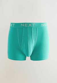 Boxers pour hommes turquoise avec une large ceinture élastique ornée du mot "NEXT" en blanc. Tissu lisse et extensible avec une coupe ajustée.