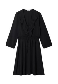 Robe noire en tissu léger avec un col en V et des détails volantés, dotée d'une taille élastique et de manches trois-quarts.