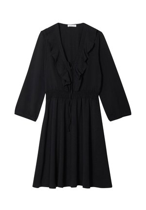 Abito nero realizzato in tessuto leggero con scollatura a V e dettagli di volant, con vita elastica e maniche a tre quarti.