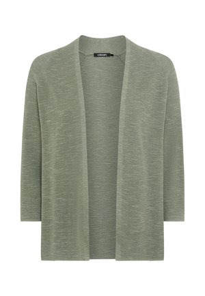Cardigan vert olive clair ouvert sur le devant avec manches 3/4, texture en maille côtelée et étiquette de marque "olsen" au niveau du col.