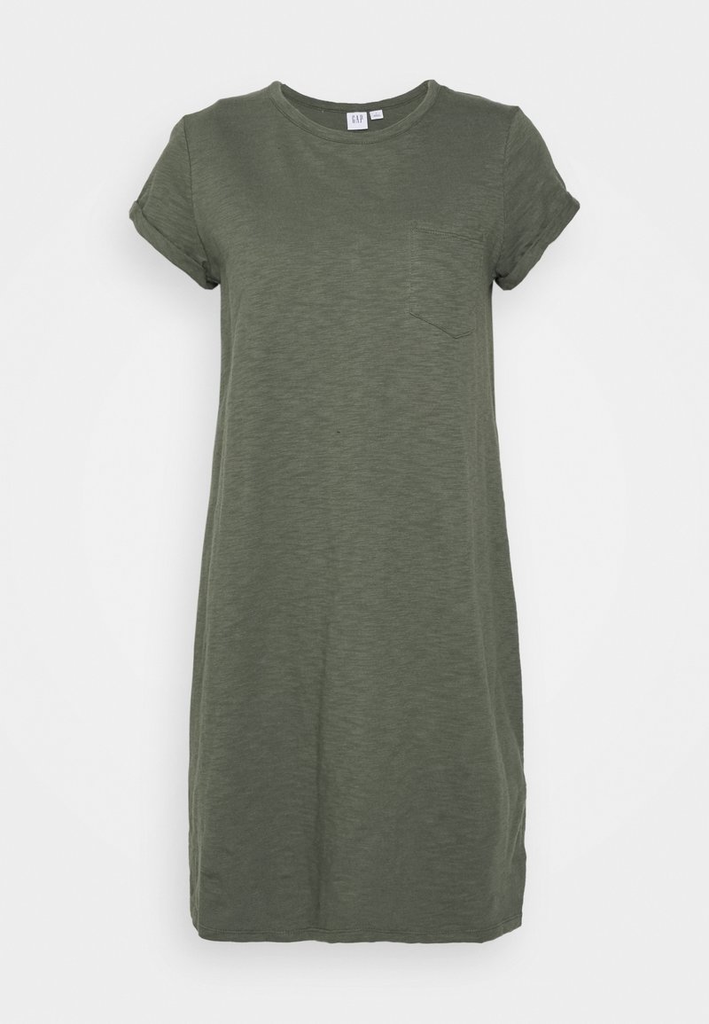 Robe courte en coton vert olive avec manches courtes retroussées, encolure ronde et petite poche poitrine.