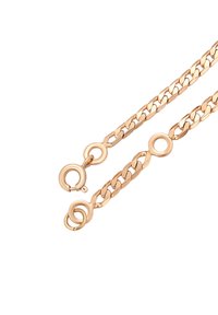 Due collane di catena d'oro con chiusure a molla e anelli circolari su uno sfondo bianco.