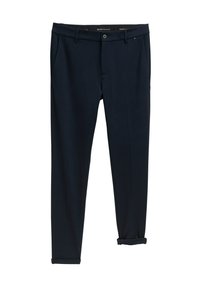 Námořnické modré kalhoty s přiléhavým střihem, s bočními kapsami, ohrnutými nohavicemi a texturovanou tkaninou. Zapínají se na knoflík a zip.
