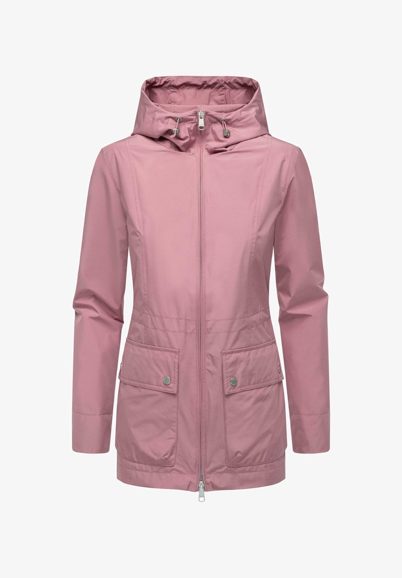 Šviesiai rožinė, neperšlampama striukė su užtrauktuku, dviem priekinėm kišenėm, reguliuojama kapucha ir lygiu paviršiumi. Papuošta sidabriniais priedais.