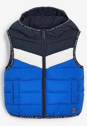 Bezrękawnik ocieplany z kapturem w kolorach niebieskim, białym i granatowym, z frontowym zamkiem błyskawicznym, dwoma kieszeniami oraz zdobieniem z napisem "Ready Set Go Time For Fun".