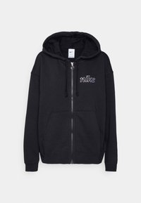 Zwarte full-zip hoodie met voorzakken, aangesloten capuchon, koordjes en een wit omrand logo "nike" op de linker borst.