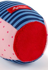 Multicolored plush toy, featuring blue and navy stripes, pink fabric with red polka dots, and a red fuzzy end. Sigikid logo tag present.
