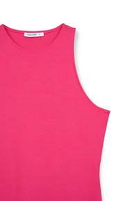 Top senza maniche di un vivace rosa con scollatura rotonda, realizzato in tessuto liscio, dotato di un piccolo etichetta all'interno del colletto.